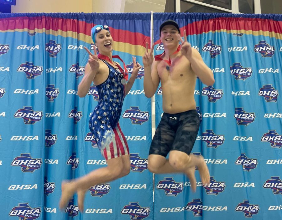 Seniors Natalie Gilson and Ryan Case celebrate as they make school history at state!