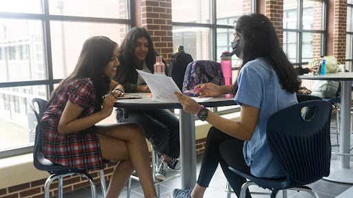 Freshman students collaborating and studying together in Denmark’s hallways.
