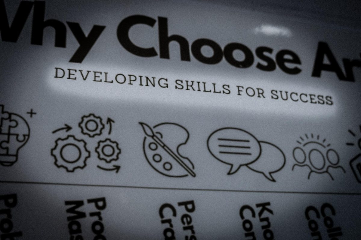 A poster near the theater with highlighted text that says, DEVELOPING SKILLS FOR SUCCESS.