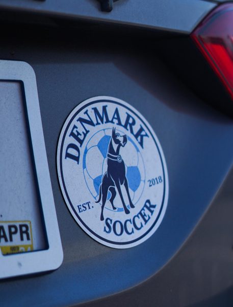 Denmark soccer magnet on an athletes car supporting the team.